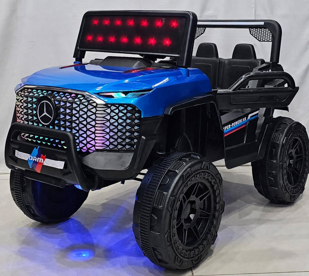 Kids Electric Ride-On Jeep 4x4 - Model 559-DL - 2 Batteries 2 Motors - Blue Mercedes Edition with RGB Diamond Grill & Star Windshield