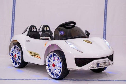 Kids Electric Car - Porsche Style Sports Car with Big Chrome Wheels, LED Lights, Double Seat & Parent Remote | White Color