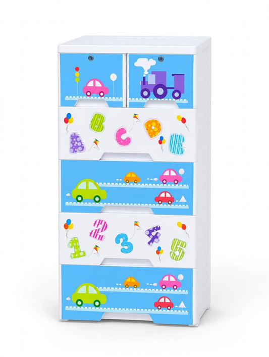 BabyZone 5 Drawer Cupboard - Alphabet Car Blue