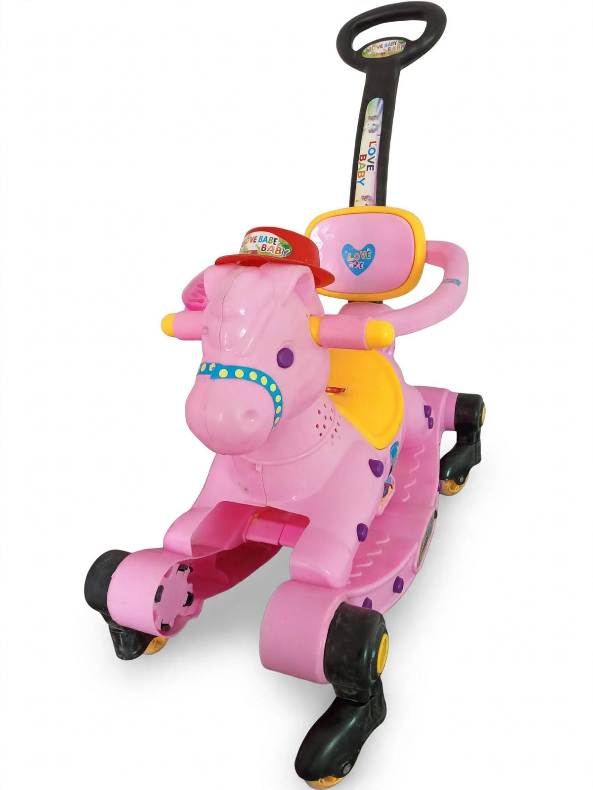 Love Baby 3-in-1 Pink Horse Ride-On - Rocking Horse + Push Walker + Ride-On Toy with Handle & Music - For Girls